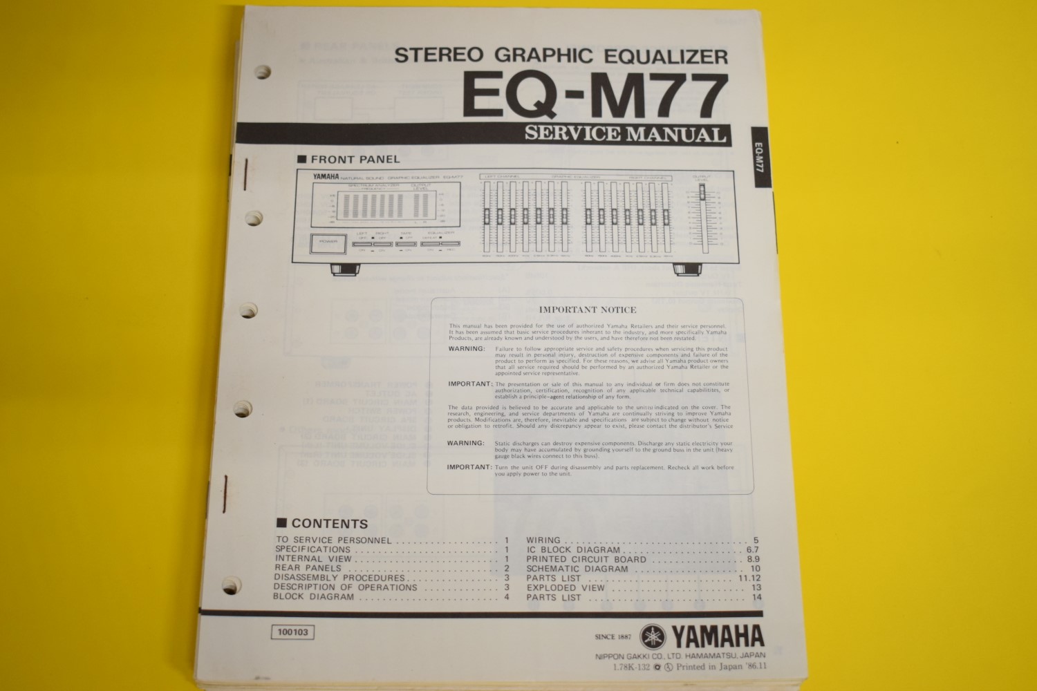 Yamaha EQ-M77 Equalizer Service Manual  			